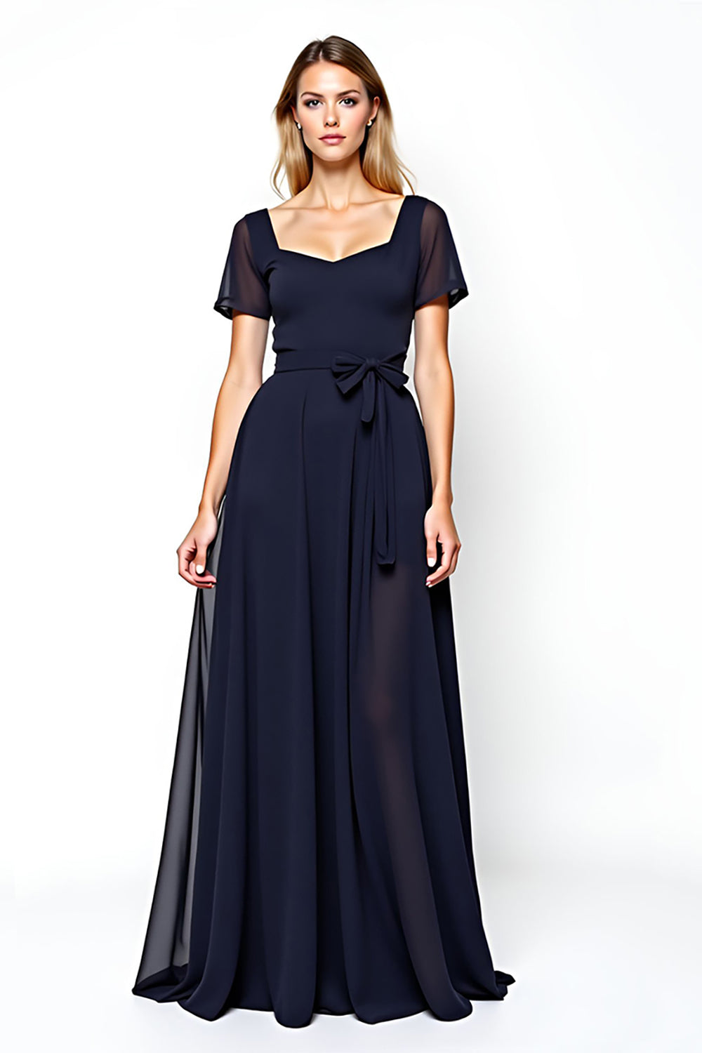 Leely Women Navy Chiffon A Line Mother of the Bride Dress with Short Sleeves Backless Square Neck Long Wedding Guest Dress