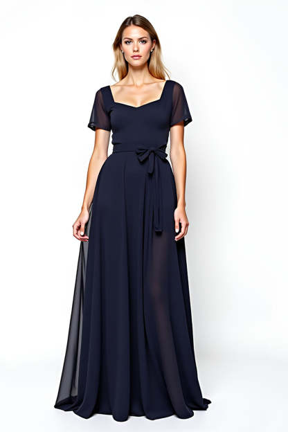 Leely Women Navy Chiffon A Line Mother of the Bride Dress with Short Sleeves Backless Square Neck Long Wedding Guest Dress