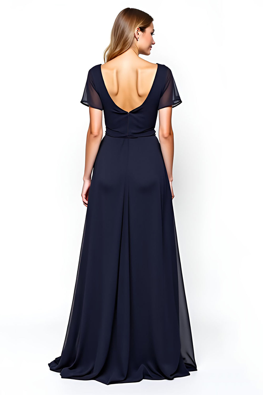 Navy Chiffon Square Neck A Line Mother of the Bride Dress with Sash