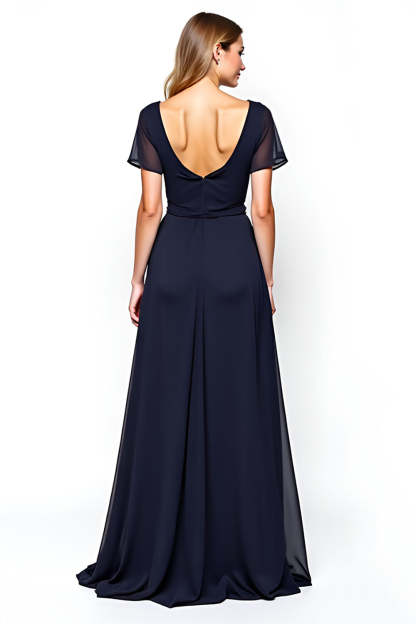 Navy Chiffon Square Neck A Line Mother of the Bride Dress with Sash