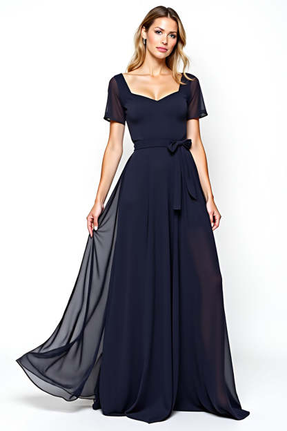Navy Chiffon Square Neck A Line Mother of the Bride Dress with Sash