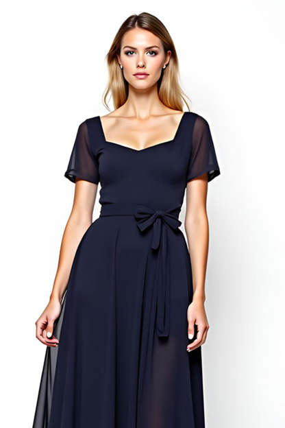 Navy Chiffon Square Neck A Line Mother of the Bride Dress with Sash