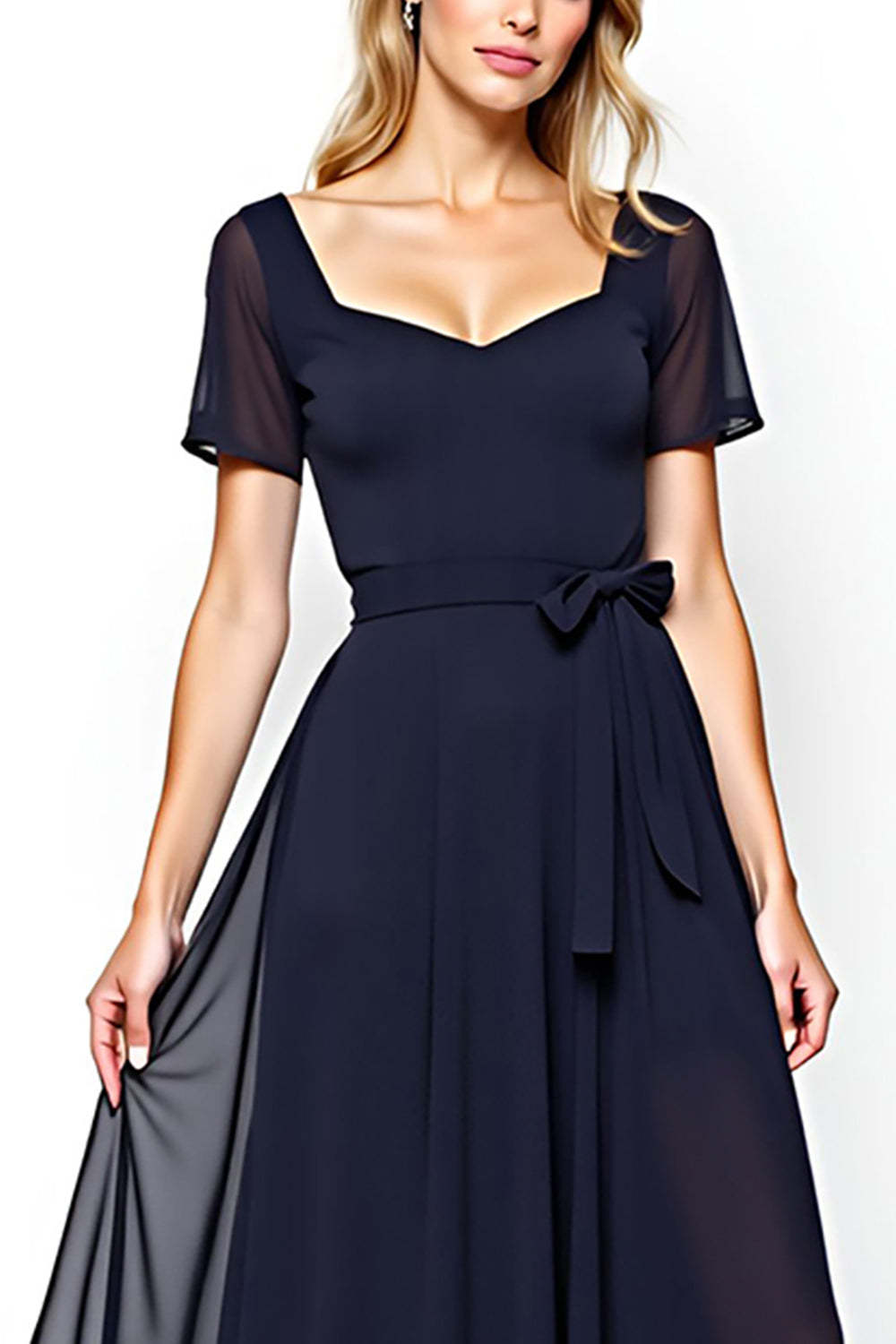 Navy Chiffon Square Neck A Line Mother of the Bride Dress with Sash