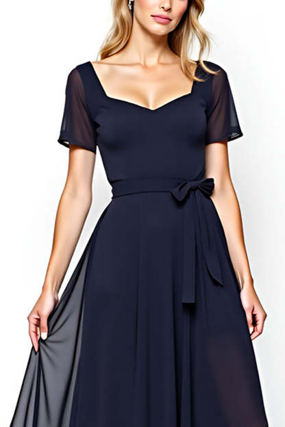 Navy Chiffon Square Neck A Line Mother of the Bride Dress with Sash