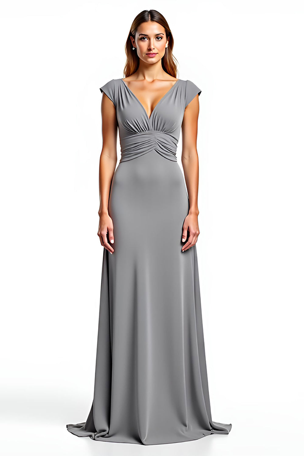 Leely Women Sliver Chiffon Long A Line Mother of the Bride Dress V-Neck Cap Sleeves Wedding Guest Dress