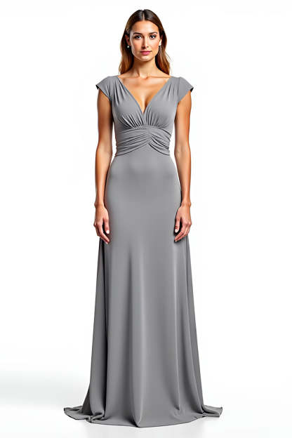 Leely Women Sliver Chiffon Long A Line Mother of the Bride Dress V-Neck Cap Sleeves Wedding Guest Dress