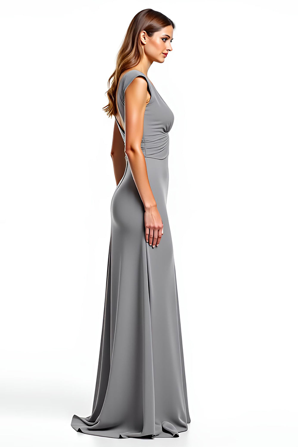 Sliver Chiffon V-Neck Long A Line Mother of the Bride Dress