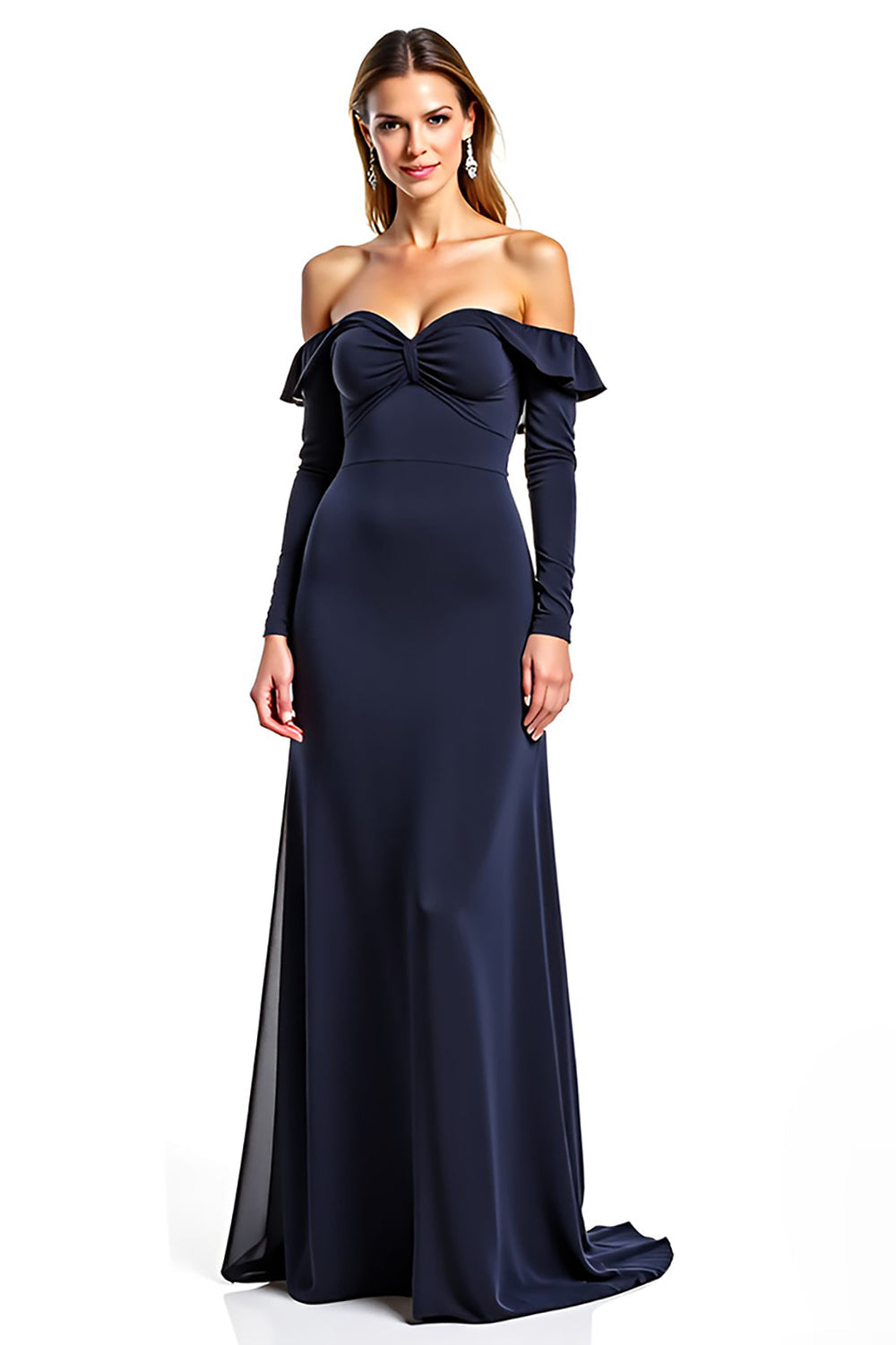 Leely Women Navy Sweetheart A Line Mother of the Bride Dress with Ruffles Long Sleeves Backless Wedding Guest Dress
