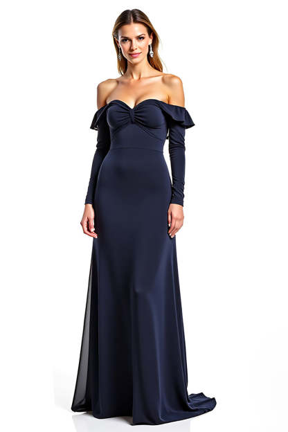 Leely Women Navy Sweetheart A Line Mother of the Bride Dress with Ruffles Long Sleeves Backless Wedding Guest Dress