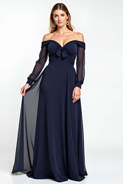 Leely Women Navy Chiffon A Line Mother of the Bride Dress Long Sleeves Off the Shoulder Backless Wedding Guest Dress