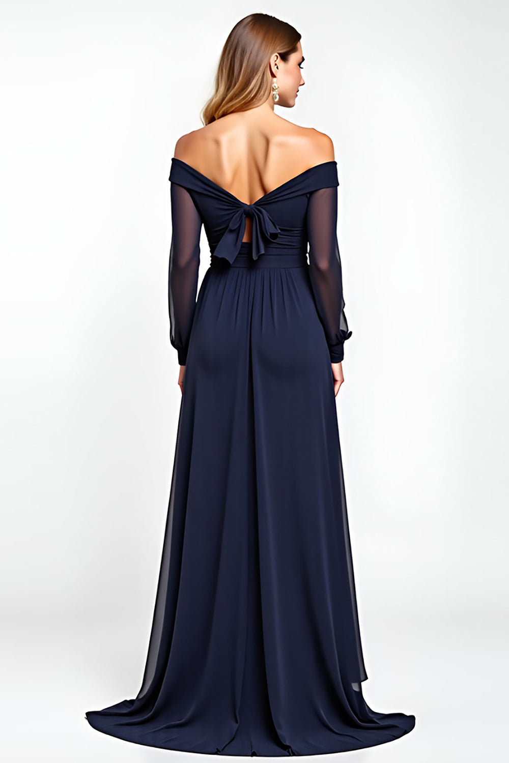 Navy Off the Shoulder Long Sleeves Chiffon A Line Mother of the Bride Dress