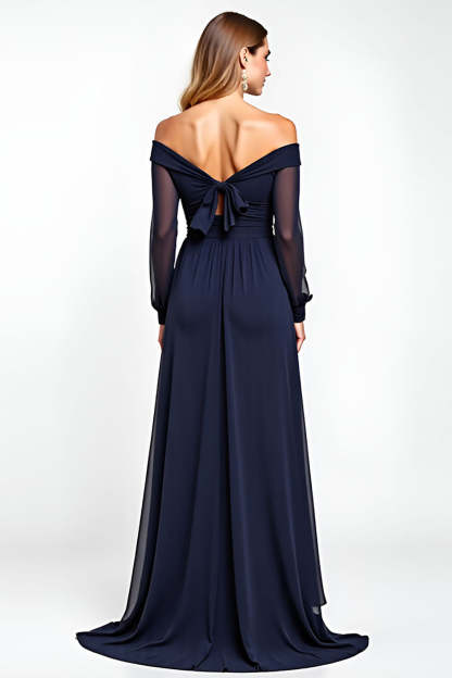 Navy Off the Shoulder Long Sleeves Chiffon A Line Mother of the Bride Dress