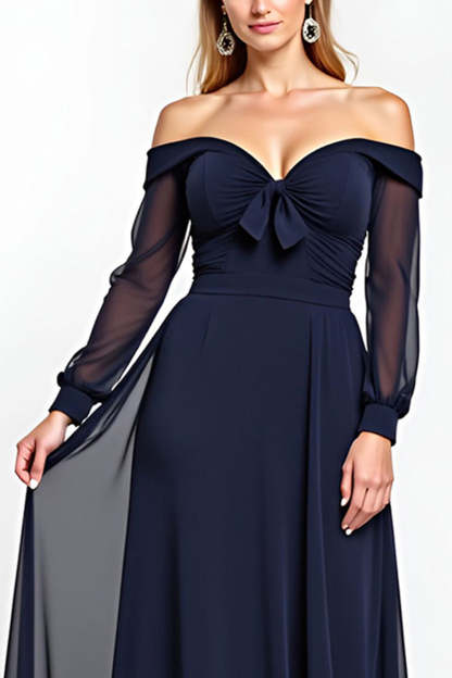 Navy Off the Shoulder Long Sleeves Chiffon A Line Mother of the Bride Dress