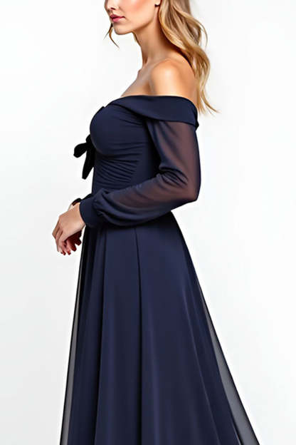 Navy Off the Shoulder Long Sleeves Chiffon A Line Mother of the Bride Dress