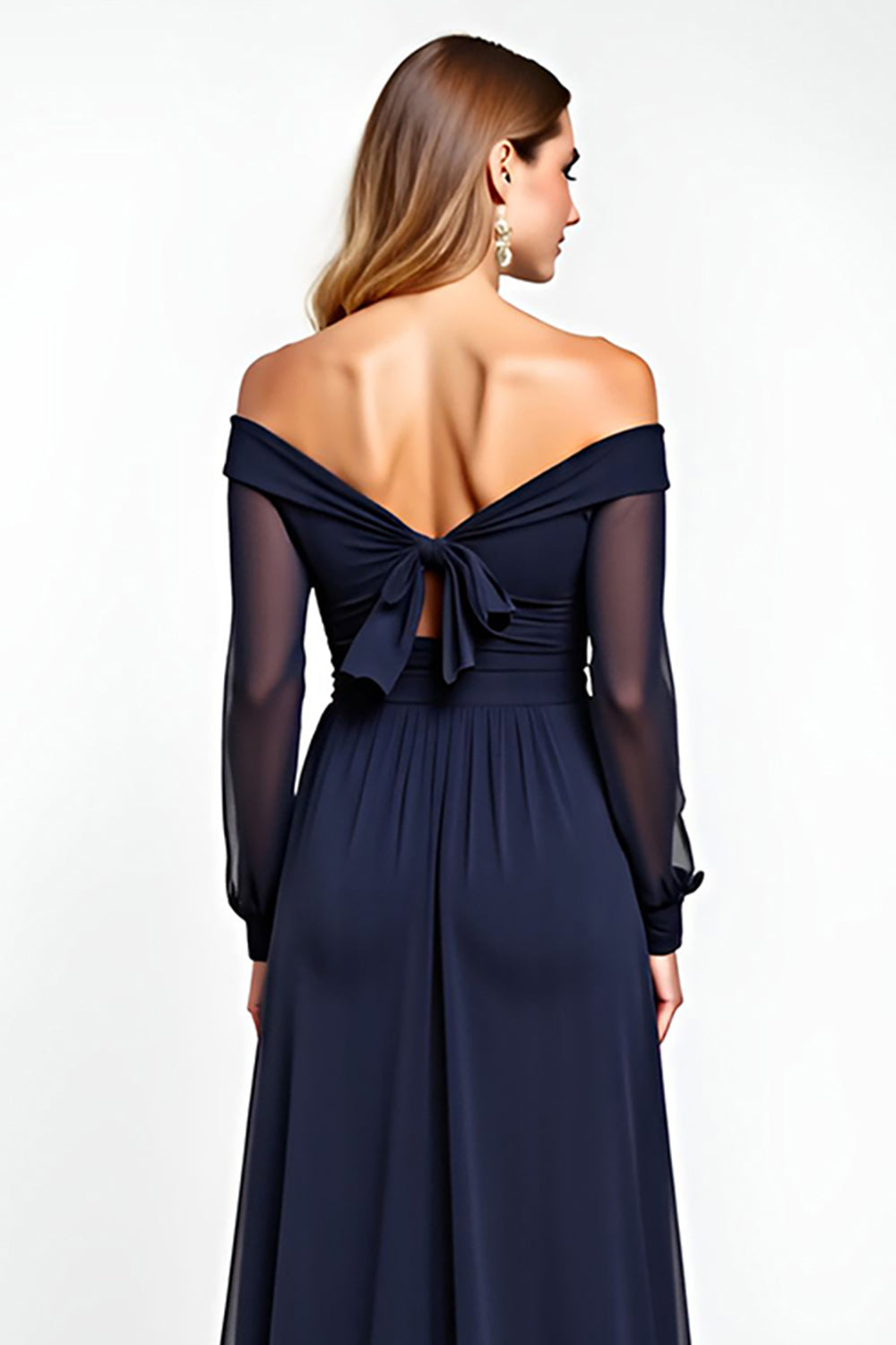 Navy Off the Shoulder Long Sleeves Chiffon A Line Mother of the Bride Dress