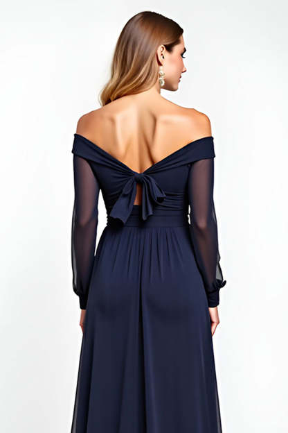 Navy Off the Shoulder Long Sleeves Chiffon A Line Mother of the Bride Dress