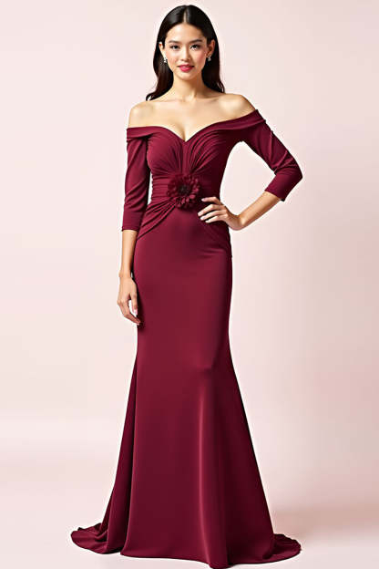 Leely Women Burgundy Mermaid Maxi Mother of the Bride Dress with 3D Flower Off the Shoulder Half Sleeves Wedding Guest Dress