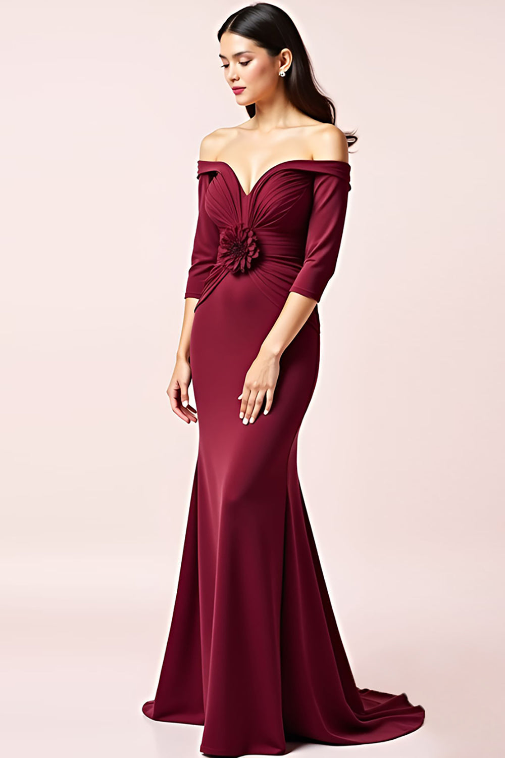 Burgundy Off the Shoulder Mermaid Mother of the Bride Dress with 3D Flower