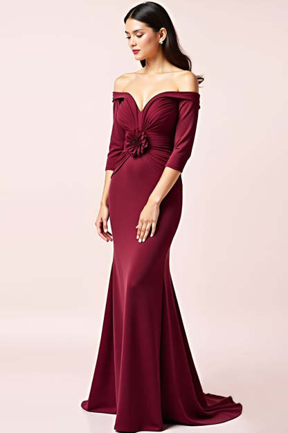 Burgundy Off the Shoulder Mermaid Mother of the Bride Dress with 3D Flower