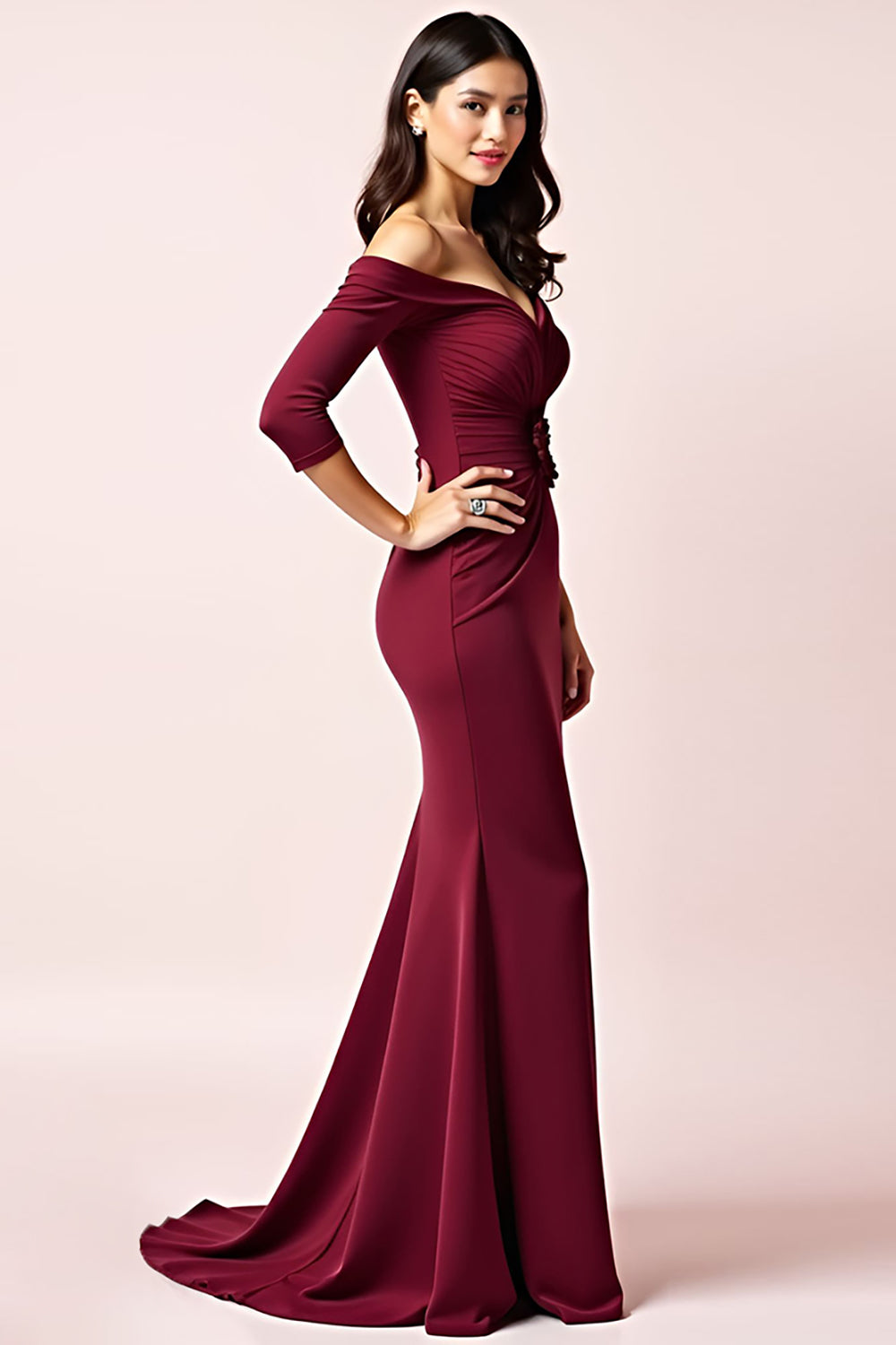 Burgundy Off the Shoulder Mermaid Mother of the Bride Dress with 3D Flower