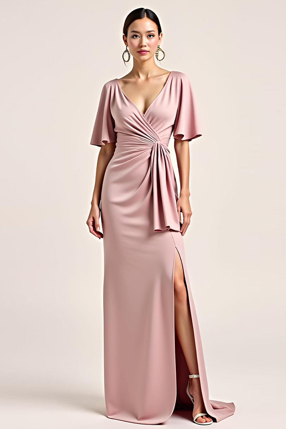 Leely Women Dusty Rose Sheath Long Bridesmaid Dress with Slit Short Sleeves V-Neck Ruched Wedding Guest Dress