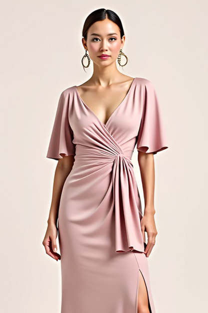 Dusty Rose V Neck Sheath Long Bridesmaid Dress with Slit