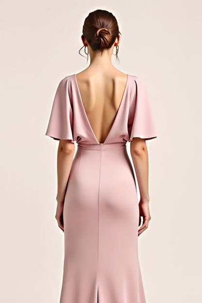 Dusty Rose V Neck Sheath Long Bridesmaid Dress with Slit