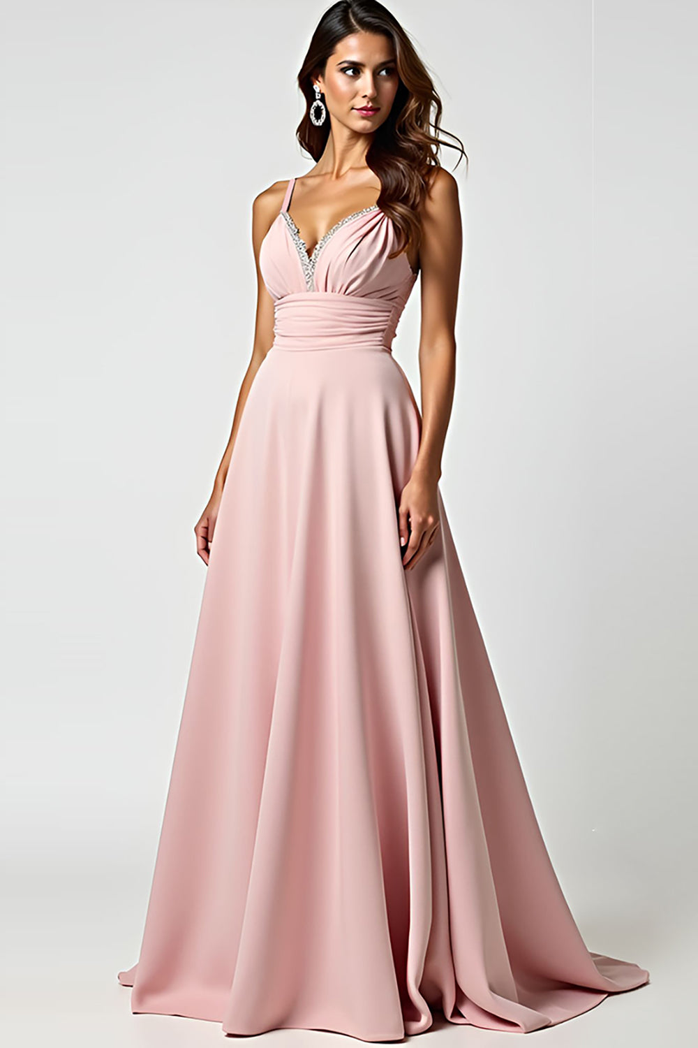 Leely Women Dusty Rose Ruched A Line Long Prom Dress V-Neck Spaghetti Straps Backless Formal Dress with Beading