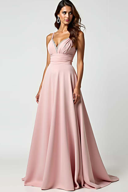Leely Women Dusty Rose Ruched A Line Long Prom Dress V-Neck Spaghetti Straps Backless Formal Dress with Beading