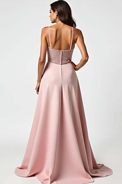 Spaghetti Straps Dusty Rose Ruched A Line Long Prom Dress