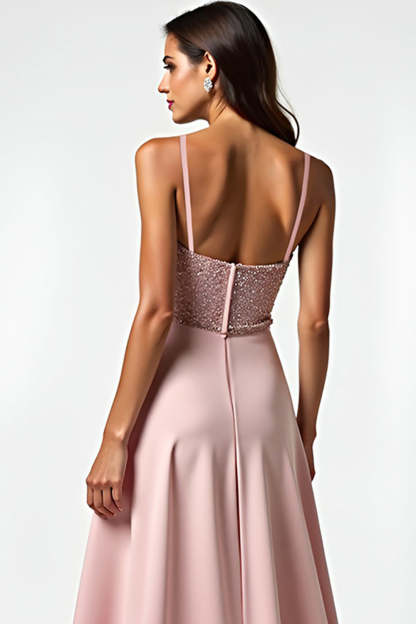 Spaghetti Straps Dusty Rose Ruched A Line Long Prom Dress