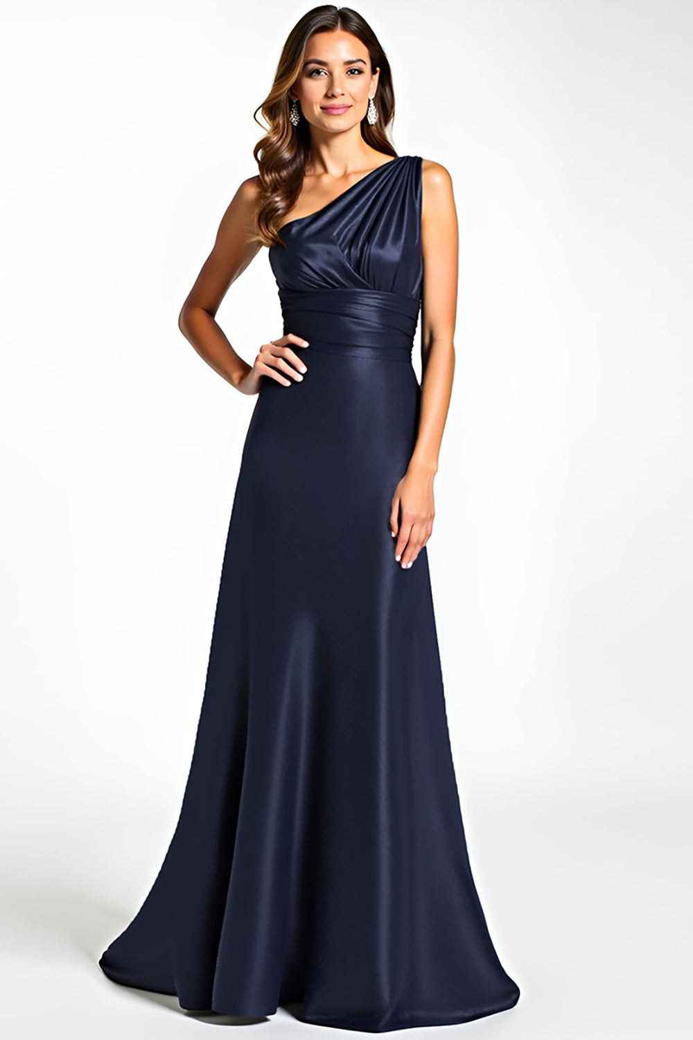 Leely Women Elegant Navy A Line Satin Mother of the Bride Dress Long One Shoulder Wedding Guest Dress