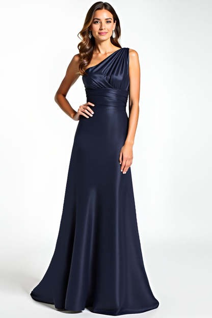 Leely Women Elegant Navy A Line Satin Mother of the Bride Dress Long One Shoulder Wedding Guest Dress