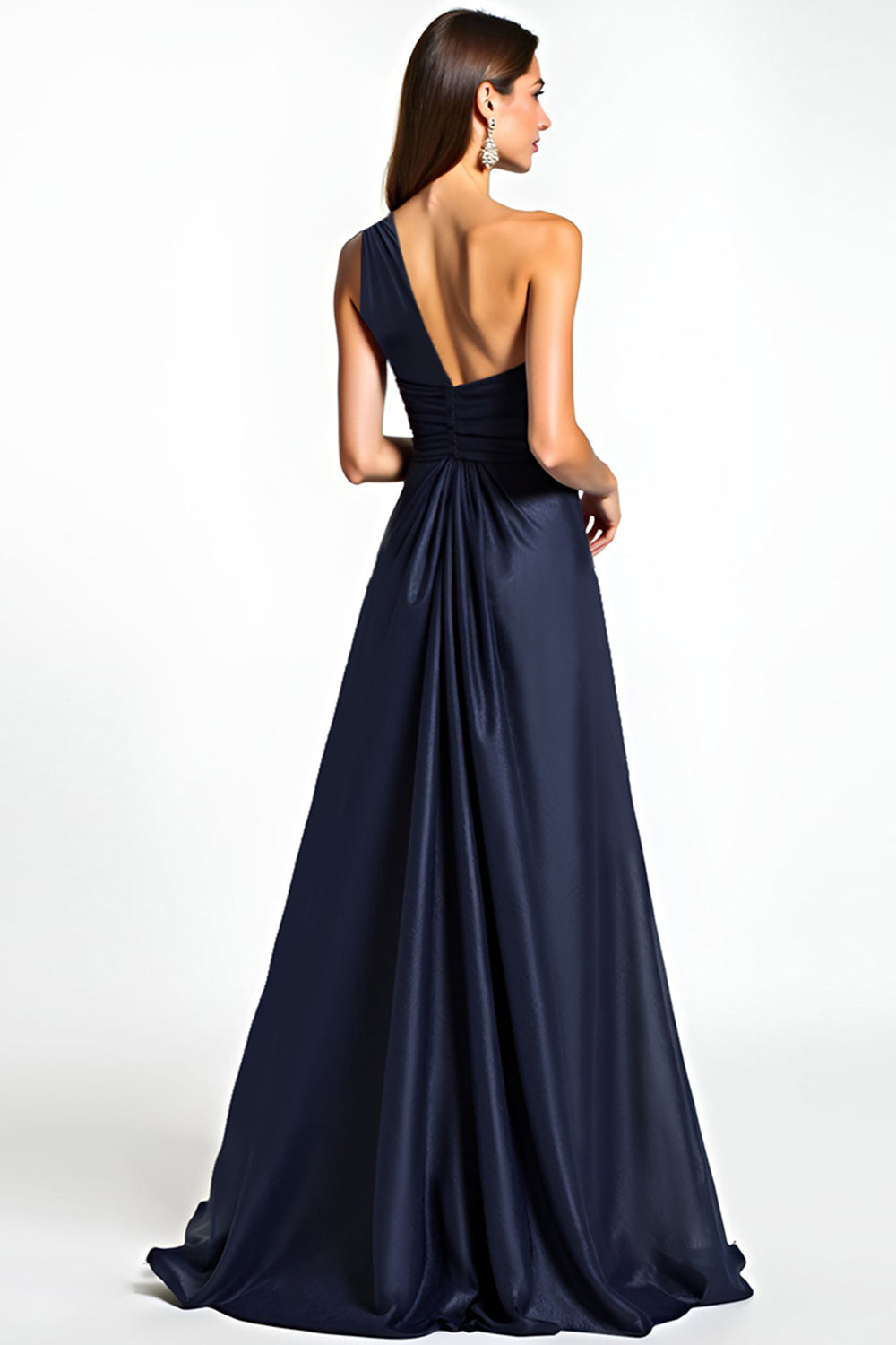 Elegant Navy One Shoulder Satin A Line Long Mother of the Bride Dress