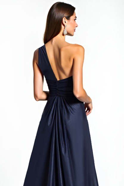 Elegant Navy One Shoulder Satin A Line Long Mother of the Bride Dress