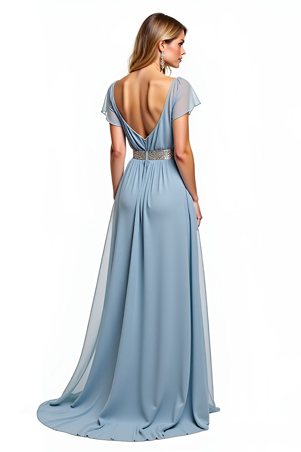 Dusty Blue A Line V-Neck Wedding Guest Dress with Ruffled Sleeves