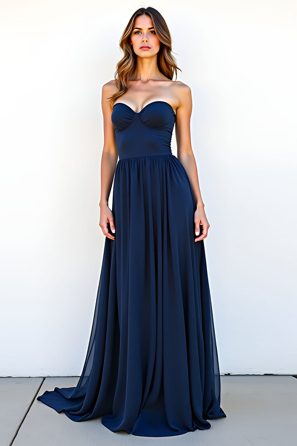 Leely Women Sweetheart Navy A Line Long Wedding Guest Dress Pleated Backless Strapless Formal Dress