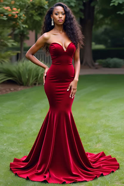 Leely Women Burgundy Mermaid Velvet Prom Dress Strapless Sweetheart Sweep Train Formal Dress