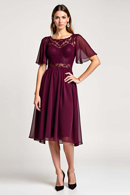 Leely Women Cabernet Round Neck A Line Mother of the Bride Dress with Lace Midi Length Wedding Guest Dress