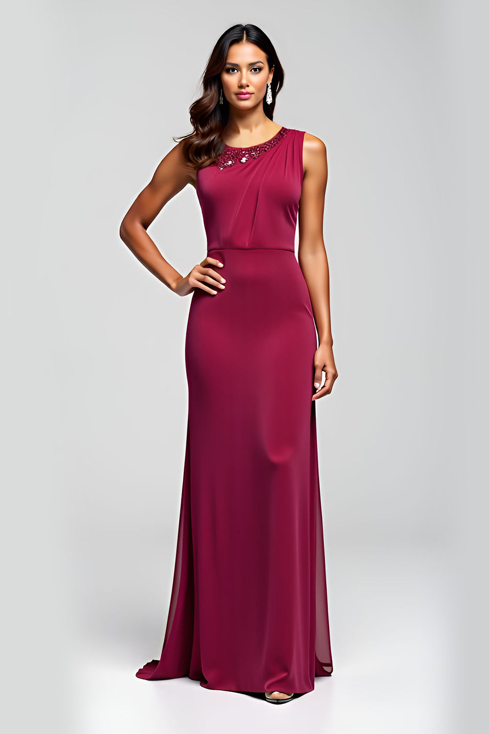 Leely Women Burgundy Sheath Beaded Long Mother of the Bride Dress Round Neck Sleeveless Wedding Guest Dress