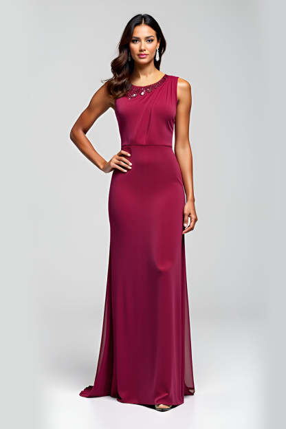 Leely Women Burgundy Sheath Beaded Long Mother of the Bride Dress Round Neck Sleeveless Wedding Guest Dress