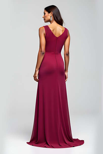 Burgundy Sheath Round Neck Long Mother of the Bride Dress