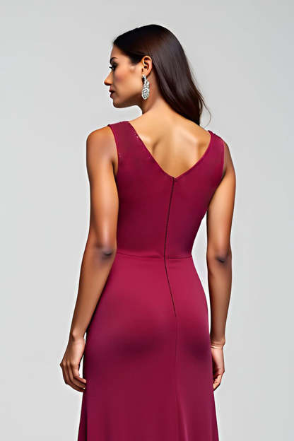 Burgundy Sheath Round Neck Long Mother of the Bride Dress