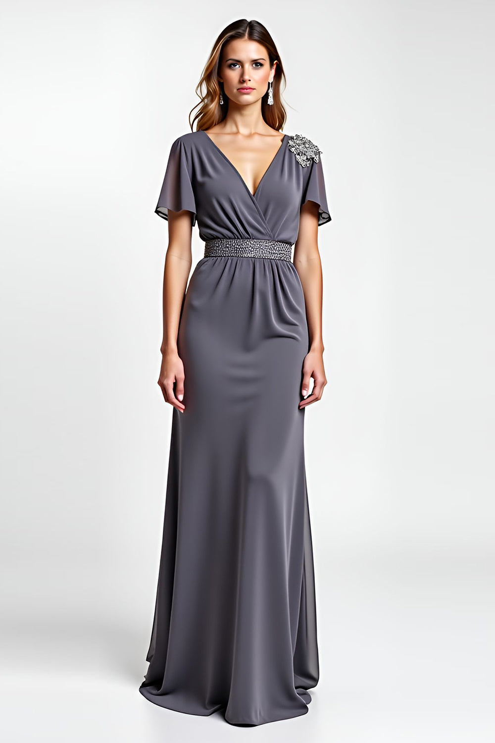 Steel Grey Sheath Beaded V Neck Long Mother of the Bride Dress