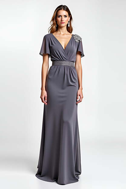 Steel Grey Sheath Beaded V Neck Long Mother of the Bride Dress