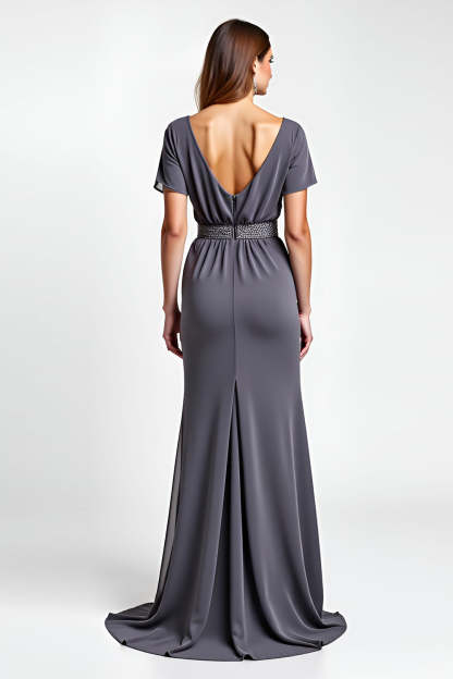 Steel Grey Sheath Beaded V Neck Long Mother of the Bride Dress
