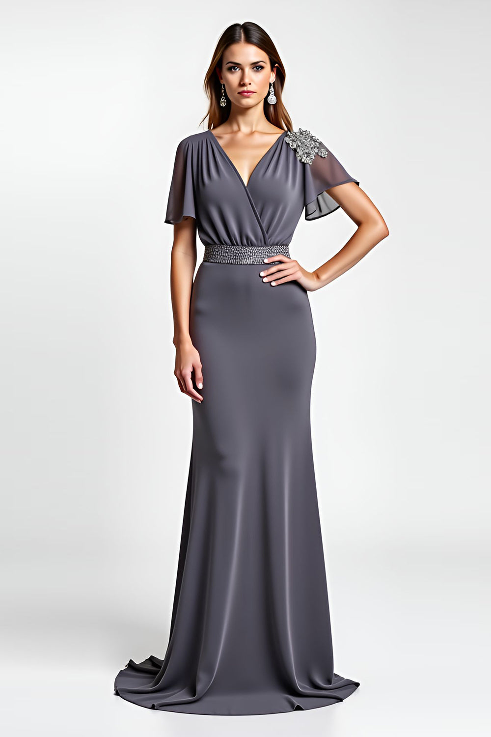 Leely Women Steel Grey Sheath Beaded Long Mother of the Bride Dress V Neck Short Sleeves Wedding Guest Dress
