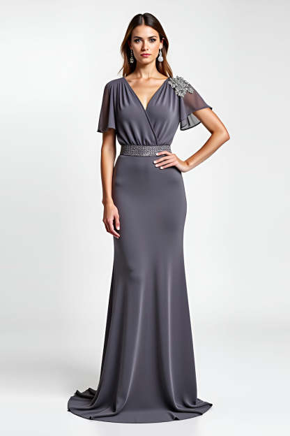 Leely Women Steel Grey Sheath Beaded Long Mother of the Bride Dress V Neck Short Sleeves Wedding Guest Dress
