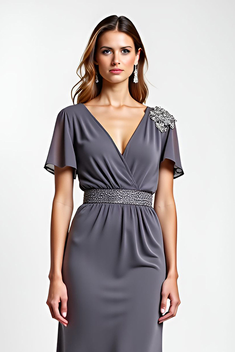 Steel Grey Sheath Beaded V Neck Long Mother of the Bride Dress