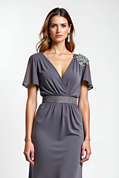 Steel Grey Sheath Beaded V Neck Long Mother of the Bride Dress